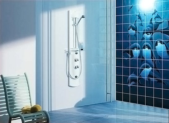 Shower wall mural of whales