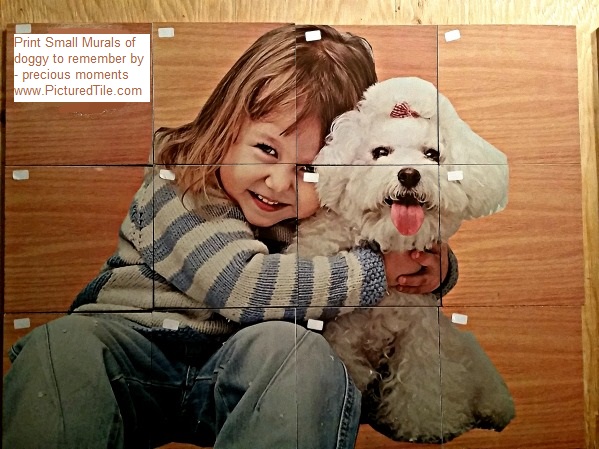 custom printed tile mural of doggy with young girl owner