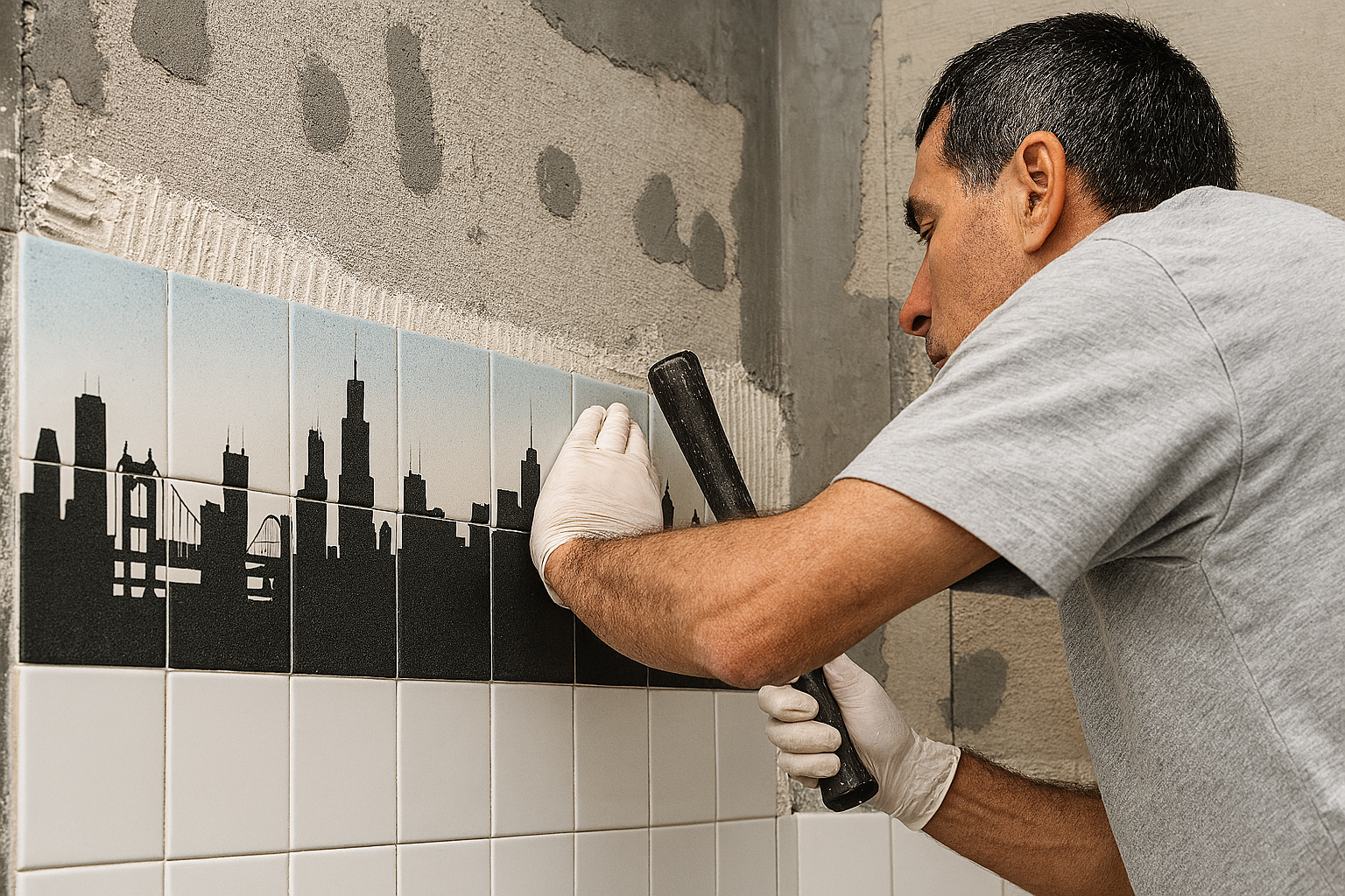 installing-porcelain-printed-shower-wall-tile Installer placing custom printed porcelain shower wall tile in residential bathroom